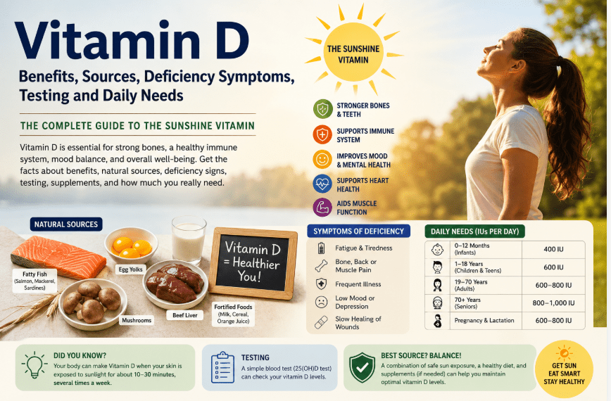 Vitamin D: Benefits, Sources, Deficiency Symptoms, Testing and Daily Needs